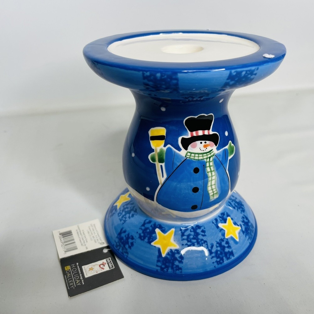Jolly Follies The S'mores the Merrier Blue Snowman Pillar Candle Holder NWT